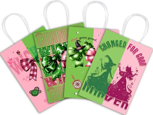 Junyaoii 16pcs Witch theme Dessert Bag, 6.3 * 3 * 8.2inch,Witch paper Bags for Candy Party Favors,Green and Pink gift Bags, Birthday Party Decorations