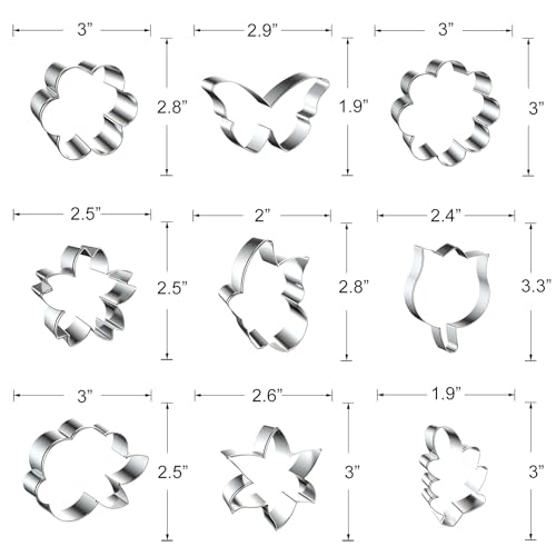 Flower Cookie Cutter Set - 9 Piece - Daisy, Lily, Rose, Tulip, Cherry Blossoms, Oak Leaf and Butterfly Cookie Cutters Shapes Fondant Biscuit Baking Molds - Stainless Steel
