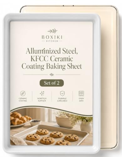 Boxiki Kitchen Ceramic Baking Sheet Half Size 17"x11" - Heavy Duty 0.6mm Aluminized Steel Pan, KFCC Ceramic Nonstick Cookie Sheet, Oven Safe to 550°F, Rustproof & Warp Resistant Baking Tray (2PCS) - color: 2 PCS Ceramic Light Grey