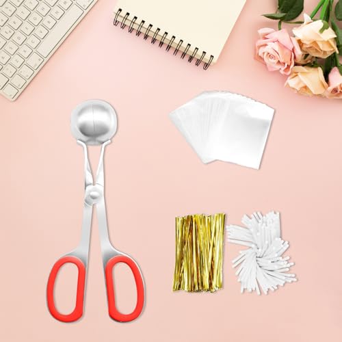 301 Pcs Cake Pop Sticks and Wrappers Kit, Including 100 Papery Lollipop Sticks & Cake Pop Bags & Gold Twist Ties 1 Cake Pop Scooper for Making Candy Lollipop Chocolates Packaging Supplies Accessories