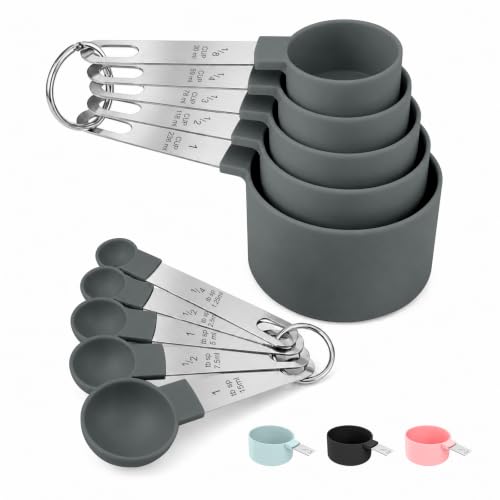Measuring Cups and Spoons Set, 10-Piece with Stainless Steel Handles, Grey - color: Grey 10 Pcs