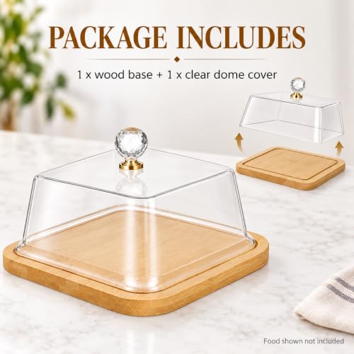Cabilock Square Cake Stand with Lid, Wood Serving Tray, Clear Acrylic Cover