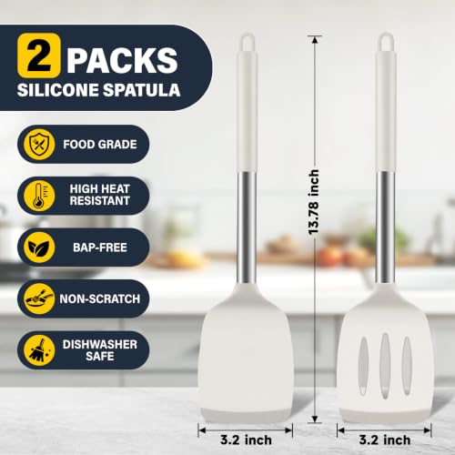2 Pack Silicone Spatula Set, Solid & Slotted Turner for Non-Stick Pans - color: Beige