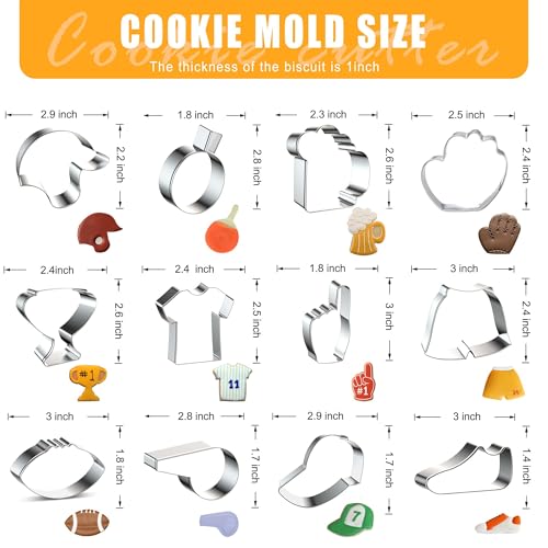 12PCS Football cookie cutter set Set, Fondant Biscuits Molds for Football, Jersey, Shorts, Shoe, Whistle, Helmet, Beer Mug, Glove, Trophy Cup, Cap, Table Tennis Racket, Foam Finger - Stainless Steel - color: Sports