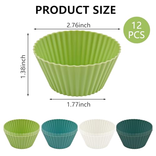 12 Pack Silicone Baking Cups, 4 Colors Reusable Non-Stick Muffin Liners, Heat-Resistant Cupcake Molds for Oven, Green - color: Green