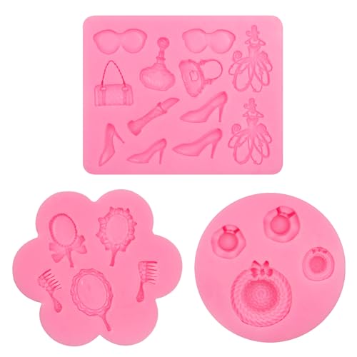 Makeup Theme Fondant Molds, High Heels Lipstick Perfume Silicone Molds, Mirror Comb Sun Hat Cake Decorating Chocolate Molds for Cupcake Topper Candy Sugar Craft Gum Clay Resin Set of 3