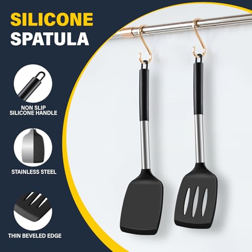 2 Pack Silicone Spatula Set, Solid & Slotted Turner for Non-Stick Pans - color: Black