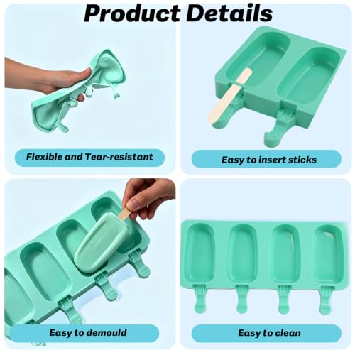 Silicone Popsicle Molds, 2 Pcs Green Popsicles Molds, 4 Cavities Ice Cream Mold with 50 Wooden Sticks for Making Cakesicles Fudgesicle Candy DIY Cake Ice Pop Summer Party Supplies - color: Green