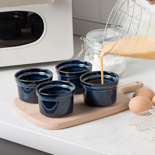 5.5 oz Ceramic Ramekins Set of 4, Reactive Glaze Porcelain Baking Dishes, Oven Safe Souffle Cups for Creme Brulee, Pudding, Dipping Sauces, Custard & Desserts - Royal Blue - color: Royal Blue