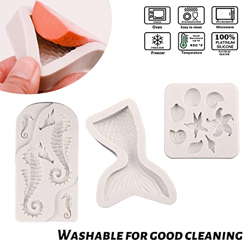 SAKOLLA Mermaid Theme Cake Fondant Mold - Seahorse Seashell Starfish Mermaid Tail Silicone Mold for Cake Decoration, Chocolate, Candy, Polymer Clay, Cupcake Decor, Sugar Craft - color: Marine Theme 3 Pcs/White