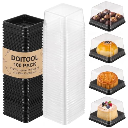 100 Set Plastic Single Individual Cupcake Containers Muffin Dome Holders with Lids, Mini Cupcake Containers Square Moon Cake Box Stand, Cookies Muffins Dome Box Mini Dessert Boxes- Black