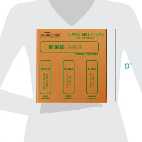 BEIDOU-PAC Compostable Combo Storage Zip Bags, 290 Count Resealable Variety Pack with Organizer, Reclosable Biodegradable Eco-Friendly Compost Snack, Sandwich, Quart, Gallon Assorted Size Bags - style: Zip | Variety Pack | 290 count
