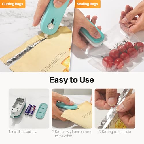 ODSD 2 in 1 Mini Bag Sealer - Heat Seal and Cutter with Lanyard, Portable Handheld Chip Bag Sealer for Snacks, Candies, Plastic Food Storage (Batteries Included) - color: Green/White