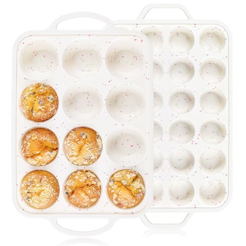 Vinino 2Pack Silicone Muffin Pan for Baking with Metal Reinforced Frame, Regular 12 Cup and Mini 24 Cup Nonstick Cupcake Pan Set, BPA Free Silicone Muffin Tray Molds for Oven Dishwasher Safe - size: Mini+Standard