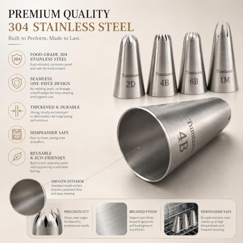 #1M #2D #4B #6B Large Piping Nozzles, 4 pcs Stainless Steel Seamless Icing Piping Tips Set for Cupcakes and Baking