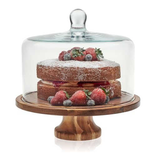 Libbey Acacia Wood Cake Stand with Glass Dome Lid, Footed Server - color: Footed Round