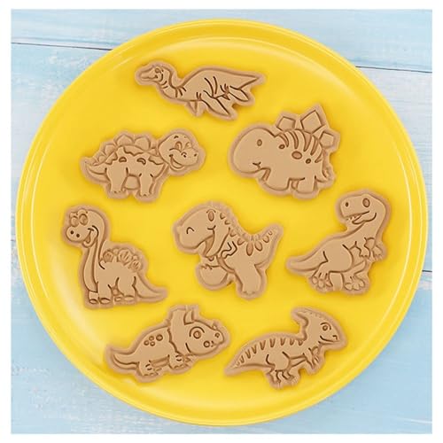 8 Piece Dinosaur Shape Cookie Cutter Set with Plunger Stamper,3D Embossed Pink Plastic Biscuits Cutters for Fondant and DIY Desserts Baking