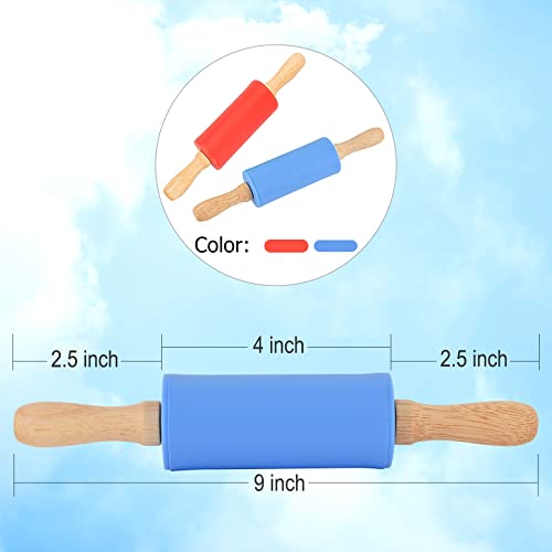 Mini Silicone Rolling Pin for Kids, Non-stick Surface Wood Handle, 9 Inch 2 Pack - color: Blue-Orange, size: 2 PACK