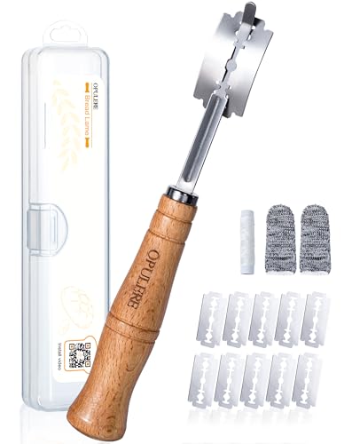 Bread Lame Dough Scoring Tool with Storage box, Pre Installed Blade Open Ready to Use, Included 10 Blades, Pattern Marking String, Cut Proof Finger Cots,Wood Handle with Magnetic, for Sourdough Baking