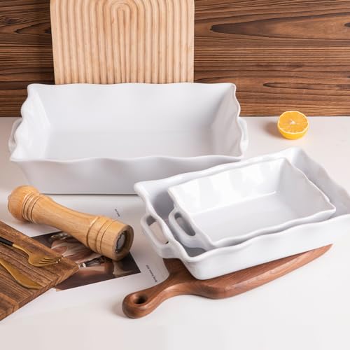 Sweejar Casserole Dishes for Oven, Ceramic Bakeware Set of 3, Rectangular Baking dish with Handles, Wave Edge Lasagna Pan Deep for Cooking, Cake, Dinner, Banquet and Daily Use (White) - color: White New, style: Baking dish(Set of 3)