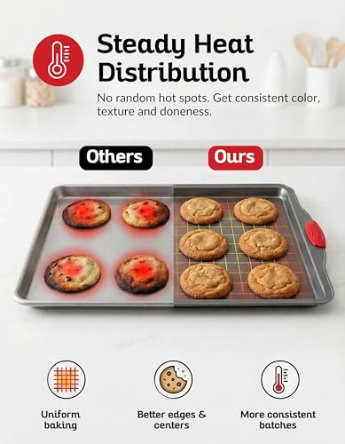 Premium Nonstick Baking Sheet Pans – Set of 3, Heavy-Gauge Carbon Steel, Warp, Dent, and Rust-Resistant – Gourmet Rimmed Half Cookie Sheet Trays, Non-Toxic for Exceptional Baking Performance - color: Red & Grey