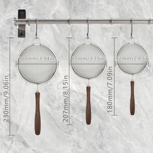 Flylin 3Pcs Stainless Steel Silver Walnut Long Handle Mesh Strainer Set