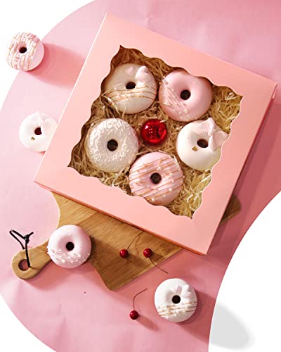qiqee Auto-pop up Pink Pie Boxes with Window 10x10x2.5 inch 30Packs Cookie Donut Bakery Box - color: Pink, size: 10"x10"x2.5"/30 Pcs