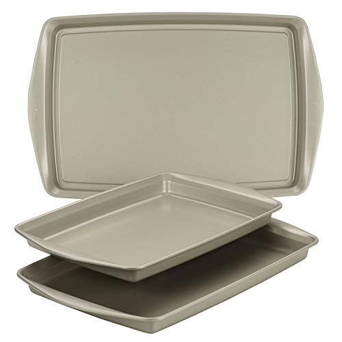 Rachael Ray Nonstick Bakeware Set without Grips includes Nonstick Cookie Sheets / Baking Sheets - 3 Piece, Silver - size: 3 Piece, style: Cookie Pans
