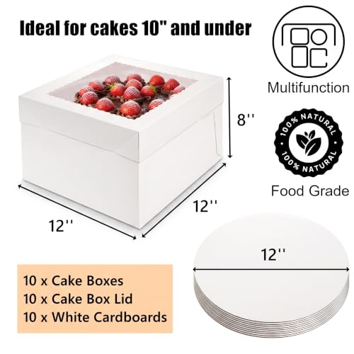 Cididu 10 Pack Cake Boxes 12 Inch, 12x12x8 Inch Tall Cake Box with Window