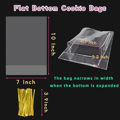 rebucas Cellophane Bags Flat Bottom Cookie Bags Cellophane Treat Bag with Twist Ties for Candy, Cookies, Popcorn, Small Gift Wrapping, 50 Pack 7x10 Inches, Clear - size: 7x10 inch (Pack of 50)