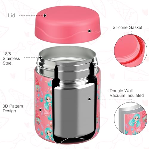 wiwens 12oz Soup Thermo for Hot Food Kids Insulated Food Jar Wide Mouth Lunch Container Leak Proof Stainless Steel Vacuum Bento Box for School Office Travel Outdoors Pink-Mermaid - color: Pink-Mermaid