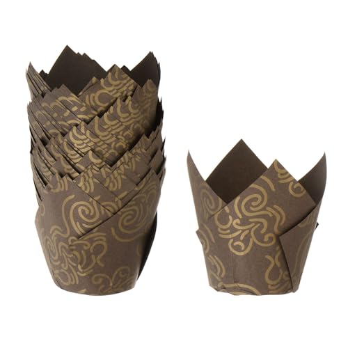 HARFINGTON 50Pcs Tulip Cupcake Liners Standard Paper Baking Cups Greaseproof Wrappers Disposable for Birthday Banquets Party, Brown with Gold Wire Pattern - color: Brown/Gold Tone