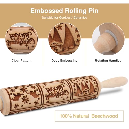 Christmas Embossed Rolling Pin for Baking Cookies Embossing Rolling Pins with Design Wooden Engraved Springerle Roller Pin Dough Patterned Clay Pottery Ceramic Bakers Women (Nativity Patterns) - color: Nativity