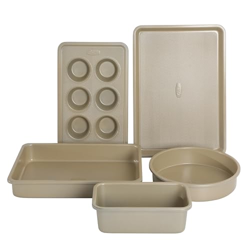 Oster Verlice 5 Piece Carbon Steel Baking Pans Bakeware Set W/Premium PFA Free Nonstick - Champagne Gold - color: Champagne Gold, size: 5-Piece Bakeware Set