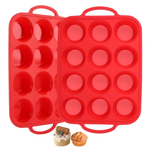 Redfly Silicone Muffin Pans for Baking 12-Cup Regular Size Cupcake Pan 2PCS - color: Red, size: Regular Size-2PACK