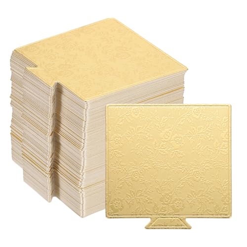 uxcell 100pcs Mini Cake Boards, Mousse Cake Cardboards Square Cake Bases Plates Cupcake Dessert Displays Base Tray for Cupcakes, Cakes, Pastries, Dessert Base - Grease Proof (Floral Gold) - color: Floral Gold, size: 3.6 x 3.3 inch