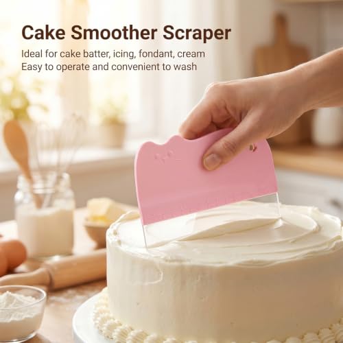 2 Pcs Cat Cake Scraper Smoother Set Flexible Plastic Cake Smoother Scraper for Buttercream Icing Cat Shaped Baking Tool for Pastry Decoration, Includes 5 Transparent Scrapers