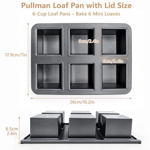 Mini Loaf Pan Pullman Loaf Pan with Lid 6-Cavity Non-Stick Bread Baking Pan Square Carbon Steel Toast Sandwich Box for Oven Microwave Baking Homemade Bread Cake Bakeware (26 * 17.5 * 6cm)