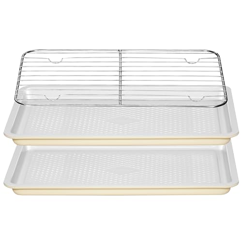 Nonstick Ceramic Baking Sheet with Rack, 2-Pack 13x9 Quarter Sheet Pan,(External 10x14), Non-Toxic PTFE & PFOA Free Warp-Free Oven Safe 550°F Dishwasher Safe, Aluminized Steel, Gray Yellow - size: 2-Pack Small 9" x 13"