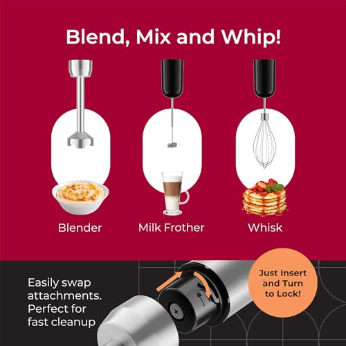 MuellerLiving Ultra-Stick Immersion Hand Blender, 500W Heavy Duty Motor, 8-Speed Turbo Setting, Includes Blending Shaft, Whisk, Milk Frother & Measuring Beaker - size: Blender Stick with 3 Accessories