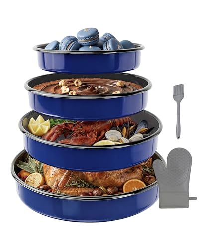 Round Turkey Roasting Pans Set of 4, Enamel Cake Baking Pan for Oven - color: Navy Blue