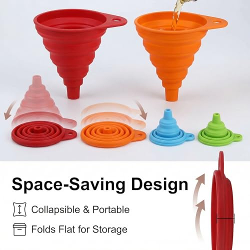 4-Piece Collapsible Kitchen Funnel Set, Silicone Foldable Funnel Kit, Suitable for Liquids and Dry Ingredients, Space-Saving Design, Easy to Clean