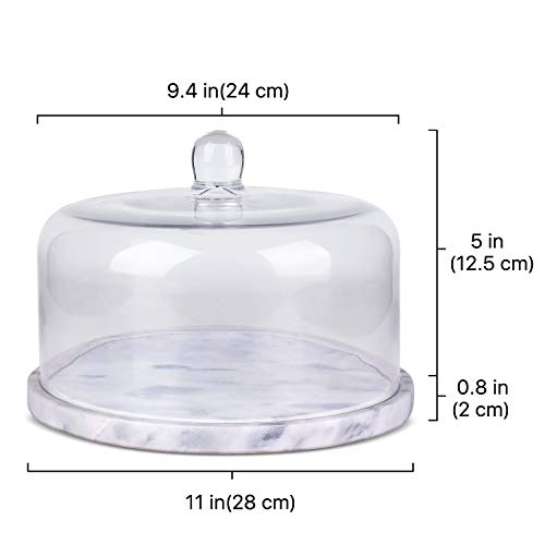 Flexzion Marble Cake Stand with Lid Round Glass Cover Glass Dome Cake Saver Cheese Holder Serving Platter Stone Cake Stand Cutting Board Slab Set for Kitchen Dining Bakery Pastries Display, 11 Inches - size: 11 Inch