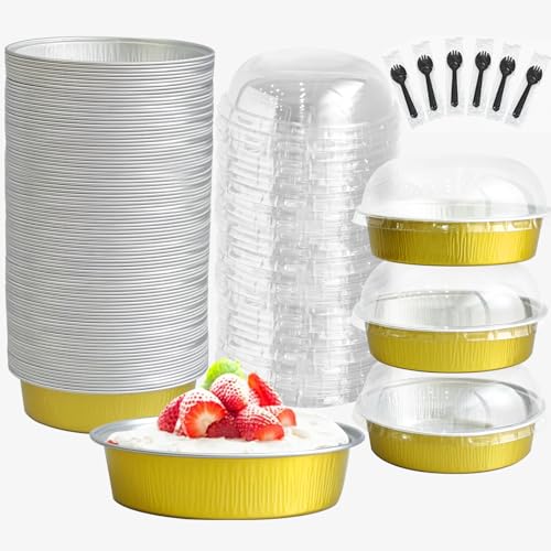 Mini Cake Pans With Lids And Spoons, Baking Tins For Round Small Desserts 7 Oz Aluminum Foil Baking Pans Disposable Ramekins Individual Cake Containers Holders For Tart Quiche Flan (50, Gold) - color: Gold