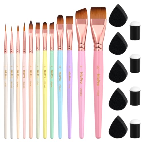 Nicpro 12pcs Face Paint Brushes Set with 9 Sponges, Face Painting Brushes - color: Pastel