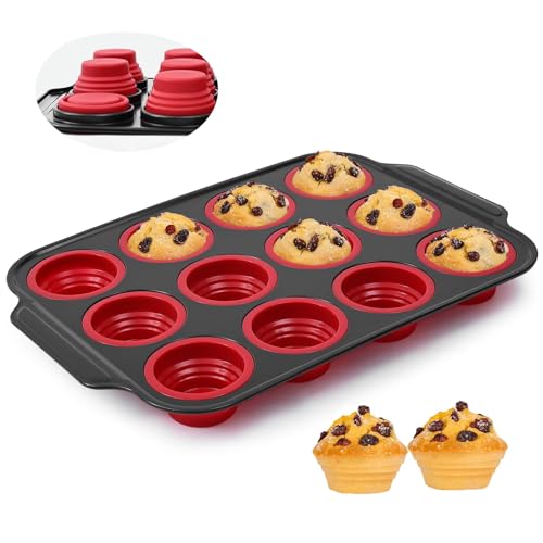 Silicone Muffin Pan, 12-Cup Nonstick Silicone Muffin Pans for Baking, Food-Grade Cupcake Pan for Oven, Microwave, Dishwasher Safe, BPA-Free Silicone Baking Mold for Muffins, Cupcakes, Egg Muffins - color: 12 Cups Red