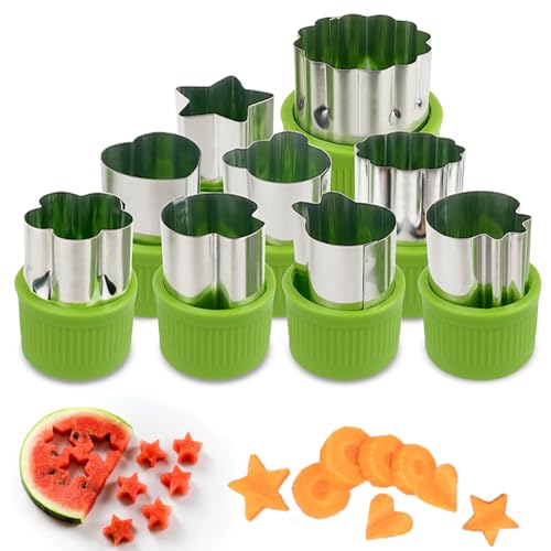Fruit and Vegetable Cutter Stamp Set 9 Pieces - Love Heart, Star, Flower, Rabbit, Bear, Strawberry, Lace, Mushroom Shapes - Green Mini Pie Cookie Biscuit Mold for Baking