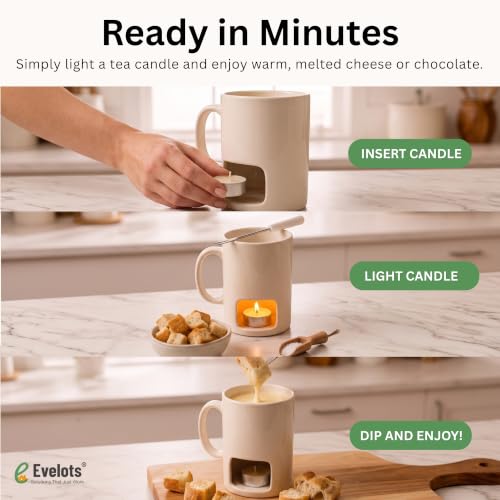 2-Pack Ceramic Fondue Cheese Mugs, 4 Forks & 8 Candles, White - color: White, size: 2 Pack