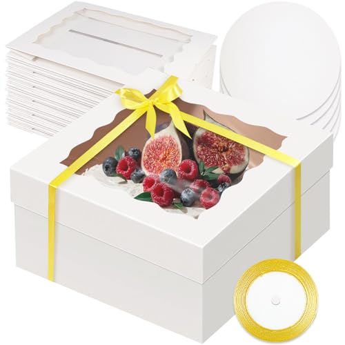 qiqee 12x12x6 Cake Box, 18 Sets White Cake Box with Window ＆ 18 Sets 12" White Cake Round Boards, 12inch Cake Containers, 10 Meters Gold Silk Ribbon - color: White, size: 18 Sets /12x12x6