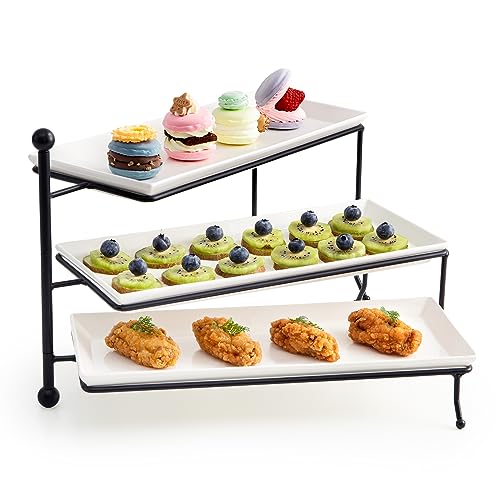 Sweese 3 Tiered Serving Stand, Foldable Rectangular Food Display Stand with White Porcelain Platters - Serving Trays, Dessert Display Server for Brithday Party, Valentine's Day and Events